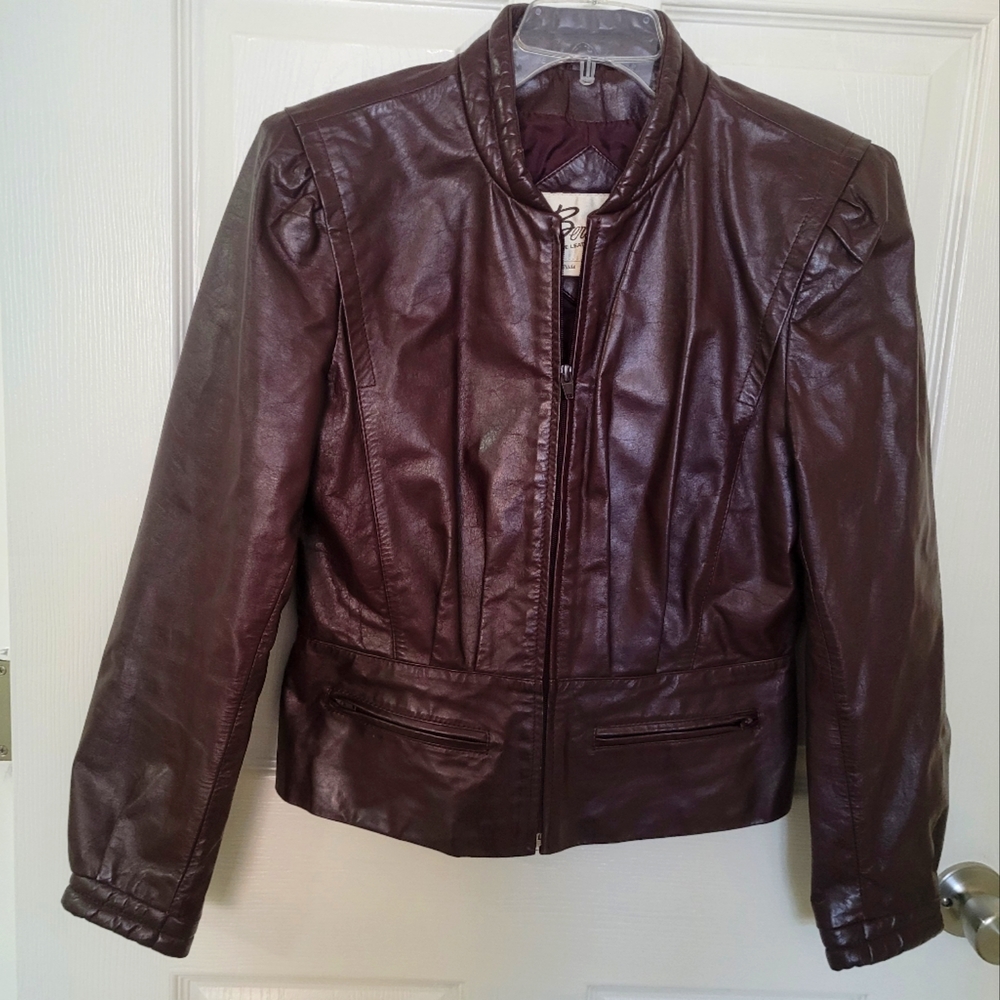 VTG BERMANS Mahogany Leather Biker Moto Bomber Cropped Jacket Womens Sz 14 RARE
